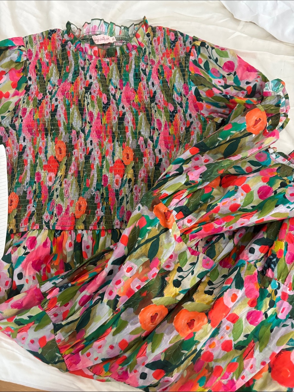 Ivy City Co Floral Smocked Midi Dress - Pink, Green, Orange